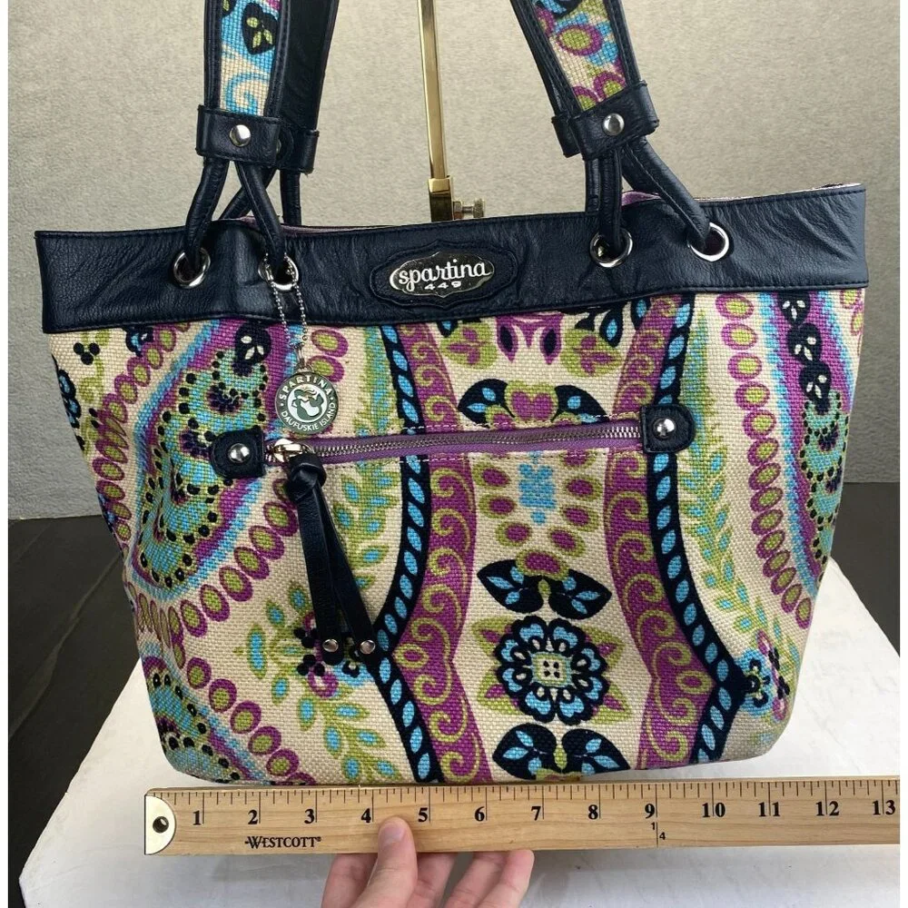 Spartina 449 Floral Multicolor Linen‎ Fabric with Black Leather Trim Tote Bag